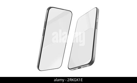 Two smartphones side by side with modern bezel-less blank screens. 3D render of a generic phone device Stock Photo