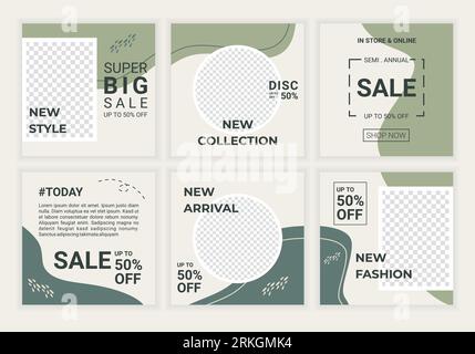 Editable square abstract sale banner template for social media post and cover. Minimalist design background in soft pastel grey and green color. Good Stock Vector