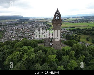 An aerial shot of the historic National Wallace Monument in Stirling, Scotland Stock Photo