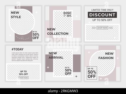 Pastel colored social media posts templates set with place for photo in minimal style with light grey for mobile apps, web banners. Promotion template Stock Vector