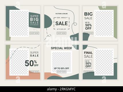 6 bundle of sale square banner. Minimalist modern puzzle abstract brush design style template with pastel color. Suitable for promotional ads in socia Stock Vector