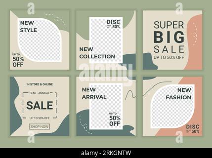Set of editable square puzzle banner template. Social media post template spa and massage, skincare, fashion or other uses. Soft color with photo coll Stock Vector