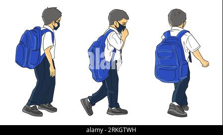 A schoolboy in a crisp uniform walking with a backpack, wearing a face mask to stay safe. Stock Photo
