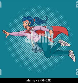 Girl superhero flying in a futuristic space suit. A smiling woman superhero fly to school carrying bags and books cartoon design with colorful pop art Stock Vector