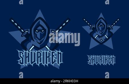 Ninja Assassin mascot logo game for sport and e-sport team illustration. Knight ninja with two swords on blue background. Professional gamer template Stock Vector