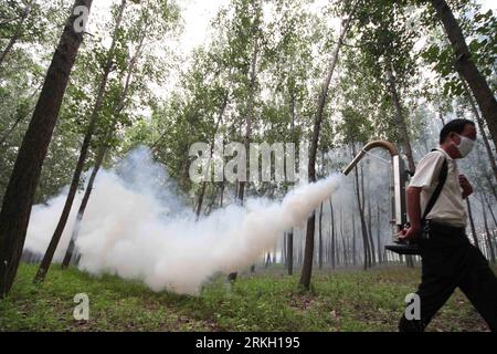 Bildnummer: 55674691  Datum: 02.08.2011  Copyright: imago/Xinhua (110802) -- LIANYUNGANG, Aug. 2, 2011 (Xinhua) -- A staff worker of local forestry authority releases pesticides to control Fall Webworm in Ganyu County, east China s Jiangsu Province, Aug. 2, 2011. Some 1,500 workers of 260 deinsectization teams were dispatched to fight against the invasion of Fall Webworm in Ganyu County. Fall Webworm (Hyphantria cunea) poses a great menace of massive peril of defoliation to plant species. (Xinhua/Si Wei)(mcg) #CHINA-JIANGSU-LIANYUNGANG-FALL WEBWORM (CN) PUBLICATIONxNOTxINxCHN Gesellschaft Schä Stock Photo