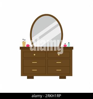 Vintage woman dressing table with oval mirror, shelves and cosmetics. Classic bedroom furniture decoration concept. Flat cartoon design. Vector illust Stock Vector