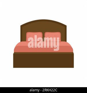Double wooden bed in flat design for bedroom, hotel room. Cartoon furniture and equipment icon set isolated on white background. A place to sleep and Stock Vector