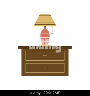 Bedroom locker furniture interior. Cabinet with table lamp isolated on white background. Closed wood box. Living, lifestyle, interior concept. Modern Stock Vector
