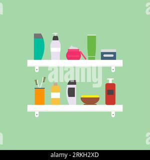 Personal hygiene supplies. Bathroom glass shelves with soap, toothbrush, toothpaste, shampoo, face wash and body scrub. Sanitary and care in flat icon Stock Vector