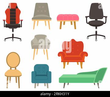 Set of furniture, sofas and armchairs in colorful design. Comfortable empty chairs collection for interior equipment. Vector illustration of chair in Stock Vector