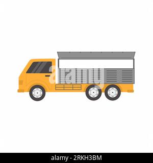 Truck vehicle in cartoon style. Delivery truck van and cardboard boxes with fragile signs isolated on white background. Fast service truck concept. Fl Stock Vector