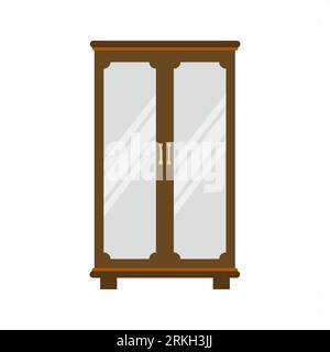 Vintage wooden wardrobe with mirror and gold handle isolated on white background. Classic furniture for bedroom decoration in cartoon flat style. Room Stock Vector