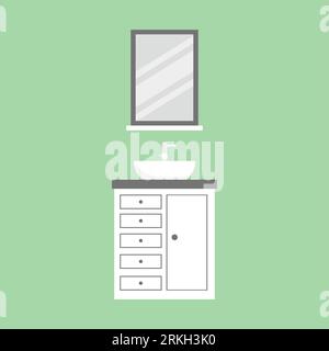 Cartoon sanitary hygiene furnishings of washroom restroom with sink toilet mirror faucet washing machine isolated on light green background. Bathroom Stock Vector