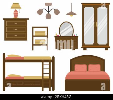 Set of vector modern flat design interior icons and elements. Furniture design for bedroom. Bed, lamps, cabinet, dressing table, wooden wardrobe, tabl Stock Vector