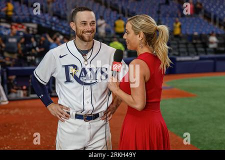 St. Petersburg, FL. USA; Tampa Bay Rays right fielder Brett Phillips (35)  was all smiles while being interviewed by Bally's Sports reporter Tricia Wh  Stock Photo - Alamy