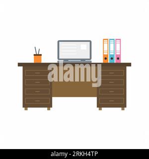 Home office desk with laptop on the table and a pile of documents. Cozy workplace modern design interior concept. Work from home, freelance or studyin Stock Vector