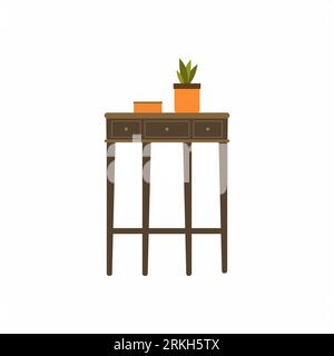 Flat illustration of home interior. Cozy place of the room with table and a plant in a pot. Living room furniture concept. Wooden vintage corner table Stock Vector