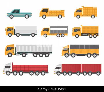 Vector collection of truck for transportation of goods. Vehicle for delivery, shown from different sides. Modern flat cartoon style isolated on white Stock Vector