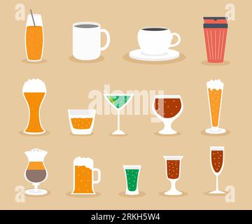 A collection of drink vector icons. Tea, coffee, alcohol, wine, beer, mineral water, fizzy water, smoothie, cocktail, juice. Stock Vector