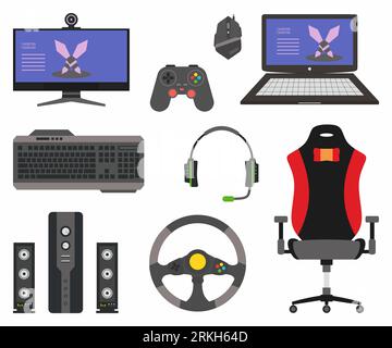 Set collection of digital gaming. Assortment e-sport device such as computer, headphone, gaming chair, joystick, keyboard, mouse, audio speaker, steer Stock Vector