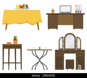 Set of different living room tables, includes home office desk, dining table, dresser table, corner table and coffee table in flat style. Interior fur Stock Vector