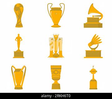 Set of different premium golden trophy cups such as Football Championship of France, Golden cup trophy winner award, Grammy trophy cup etc. Triumph sp Stock Vector