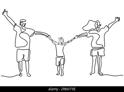 Continuous one line drawing of happy family father, mother and their child playing and jumping together to express their happiness. Happy family paren Stock Vector