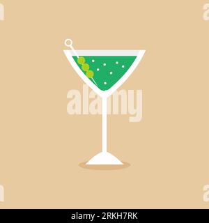 Glass for vermouth icon in flat style. Wineglass on pastel color background. A martini glass of alcohol cocktail. Elegant drink in green martini. Vect Stock Vector