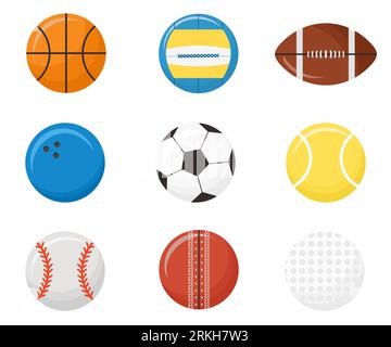 Set of sports balls flat style icons: volleyball, basketball, football, cricket, american football, bowling, baseball, tennis, golf. Vector sport illu Stock Vector