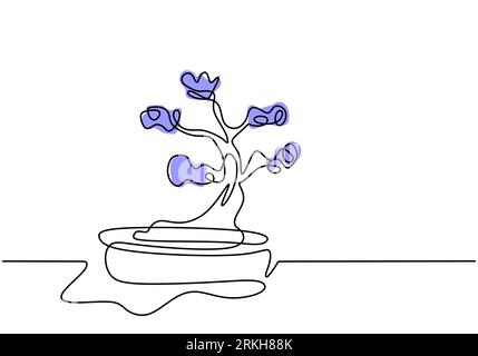 Continuous one line drawing tree in pot. Beauty and exotic miniature bonsai tree for home decoration isolated on white background. Houseplants in mini Stock Vector