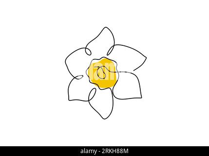 Daffodil flower in yellow color continuous line drawing. Blossoming Narcissus in spring isolated on white background. Garden flower with minimalist de Stock Vector