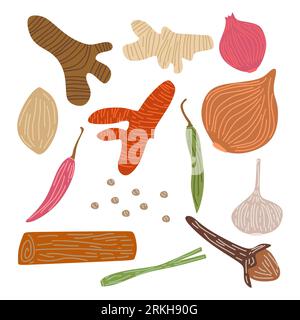Set of Spices and herbs. Hand drawn ginger, chilli pepper, onion, red onion, garlic, clove, saffron, lemongrass, turmeric. Sketch spices vector collec Stock Vector