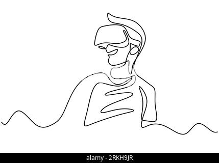 Young man wearing VR glasses one continuous line drawing. A young man uses glasses device virtual reality when playing games at home hand drawn line a Stock Vector