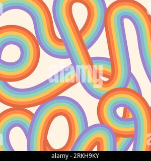 Rainbow colored stripes background. Abstract vector hand drawn cover for social media. Retro groovy template for design banner, advertisements Stock Vector