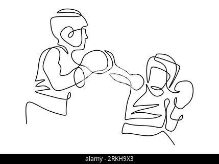 Continuous one line drawing of two man playing boxing isolated on white background. Professional young boxer man doing stretching before practicing bo Stock Vector