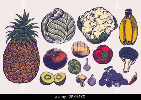 Big set of vegetables hand drawn illustrations in engraving style. Sketches of different food. Detailed isolated elements on white background, perfect Stock Vector