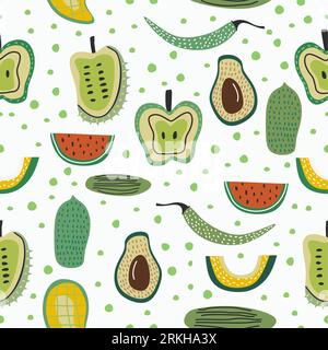 Vector seamless fruit pattern. Different fresh tropical fruit includes watermelon, apple, avocado, cucumber, papaya, mango, soursop, pomegranate isola Stock Vector