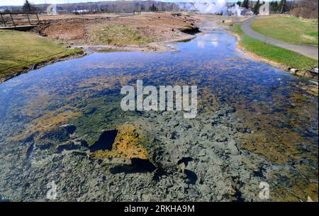 Geothermal park with Hveragerdi hot springs in southern Iceland. Stock Photo