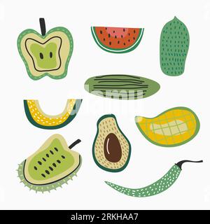 Set of fresh fruit isolated on white background. Assortment of different fruits includes apple, watermelon, papaya, mango, avocado, pomegranate, chili Stock Vector