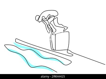 Continuous one line drawing of young sporty fit swimmer ready to jump to swimming pool indoor pool sport center isolated on white background. Healthy Stock Vector