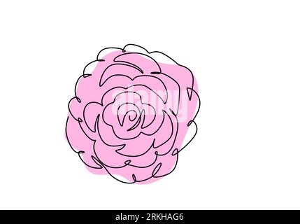 One continuous line drawing of Camellia flower with pink color. Beautiful blossoming flower, symbol of spring. Garden plant concept isolated on white Stock Vector