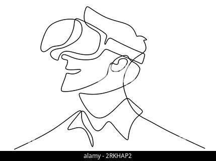 Young man wearing VR glasses one continuous line drawing. A young man uses glasses device virtual reality when playing games at home hand drawn line a Stock Vector