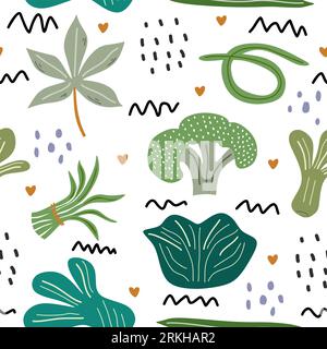 Seamless vector background of different vegetables. Assortment vegetable with broccoli, cabbage, long beans, mustard greens, onion, beet, cucumber etc Stock Vector
