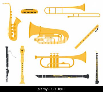 Set collection of musical instruments with different types, include: clarinet, oboe, saxophone, flute, trumpet, trombone, harmonica, tuba, bassoon and Stock Vector