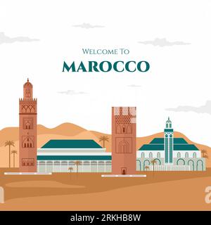 Colorful welcome to Morocco banner design. Morocco travel destination in Africa with city landmark buildings. Sightseeing tour to Morocco. Flat cartoo Stock Vector