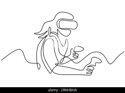 Girl using VR with single continuous one line art drawing. Smart technology futuristic game player concept. Woman holding motion controller. 3D augmen Stock Vector