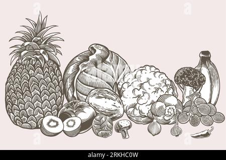 Hand drawn vegan food icons doodle set include tomato, potato, garlic, grape, banana, broccoli, cabbage etc. Decorative retro style collection farm pr Stock Vector