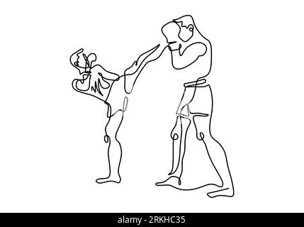 Continuous one line drawing of two man playing boxing isolated on white background. Professional young boxer man doing stretching before practicing bo Stock Vector