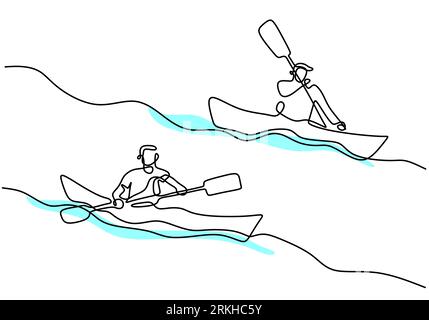 One continuous line drawing of energetic athlete guy boat race on the river. A rowers group enjoy in long boats compete isolated on white background. Stock Vector